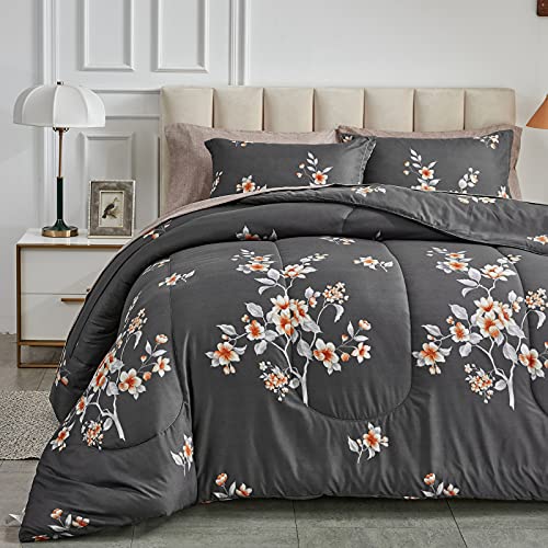 7 Pieces Bed in a Bag King Comforter Set with Sheets, Dark Grey Floral Design Soft Microfiber Bedding Sets for All Season (1 Comforter, 2 Pillow Shams, 1 Flat Sheet, 1 Fitted Sheet, 2 Pillowcases)