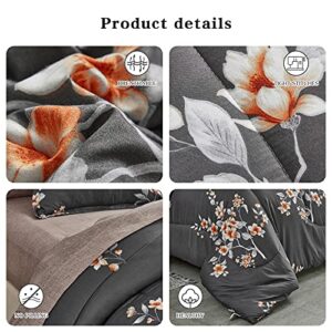 7 Pieces Bed in a Bag King Comforter Set with Sheets, Dark Grey Floral Design Soft Microfiber Bedding Sets for All Season (1 Comforter, 2 Pillow Shams, 1 Flat Sheet, 1 Fitted Sheet, 2 Pillowcases)
