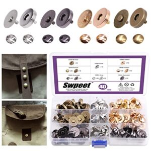 swpeet 40 sets 18mm round strong magnetic button clasps snaps, metal fastener clasps gold silver bronze black diy craft sewing knitting buttons sets for sewing, purses, bags, clothes, leather