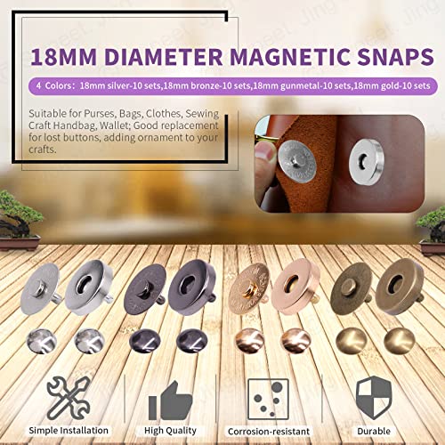 Swpeet 40 Sets 18mm Round Strong Magnetic Button Clasps Snaps, Metal Fastener Clasps Gold Silver Bronze Black DIY Craft Sewing Knitting Buttons Sets for Sewing, Purses, Bags, Clothes, Leather