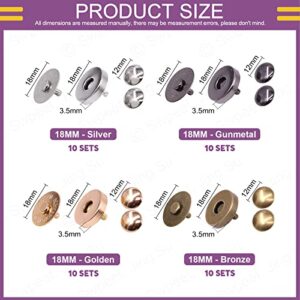 Swpeet 40 Sets 18mm Round Strong Magnetic Button Clasps Snaps, Metal Fastener Clasps Gold Silver Bronze Black DIY Craft Sewing Knitting Buttons Sets for Sewing, Purses, Bags, Clothes, Leather