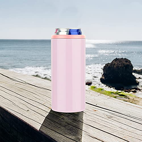 WinCheer 12 Oz Can Cooler with Reusable Straw, Double-walled Vacuum Stainless Steel Slim Can Holder for Beer Soda Beverage Energy Drinks Skinny Cans Sleeve (Pink)