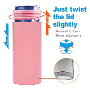 WinCheer 12 Oz Can Cooler with Reusable Straw, Double-walled Vacuum Stainless Steel Slim Can Holder for Beer Soda Beverage Energy Drinks Skinny Cans Sleeve (Pink)
