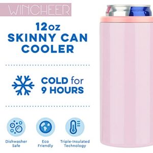 WinCheer 12 Oz Can Cooler with Reusable Straw, Double-walled Vacuum Stainless Steel Slim Can Holder for Beer Soda Beverage Energy Drinks Skinny Cans Sleeve (Pink)