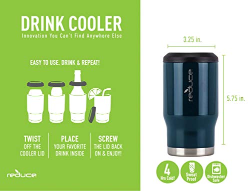 Reduce Can Cooler - 4-in-1 Stainless Steel Can Holder & Beer Bottle Holder, 4 Hours Cold - The Drink Cooler For 12oz Slim Cans, Regular Cans, Bottles & Mixed Drinks - Glacier & Dark Web, Opaque Gloss