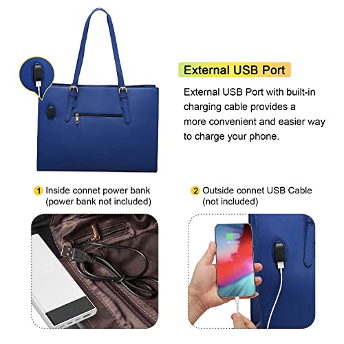 LOVEVOOK Laptop Bag for Women, Fashion Computer Tote Bag Large Capacity Handbag, Leather Shoulder Bag Purse Set, Professional Business Work Briefcase for Office Lady, 2PCs, 15.6-Inch, Dark Blue