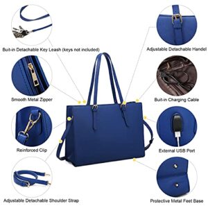 LOVEVOOK Laptop Bag for Women, Fashion Computer Tote Bag Large Capacity Handbag, Leather Shoulder Bag Purse Set, Professional Business Work Briefcase for Office Lady, 2PCs, 15.6-Inch, Dark Blue
