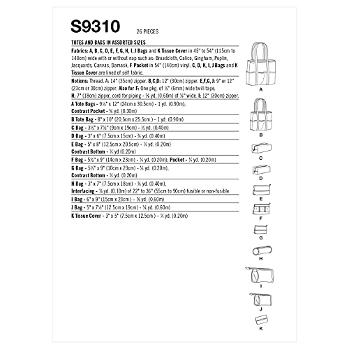 Simplicity Assorted Size Cosmetic Tote Bag Packet, Code 9310 Sewing Pattern, One, White