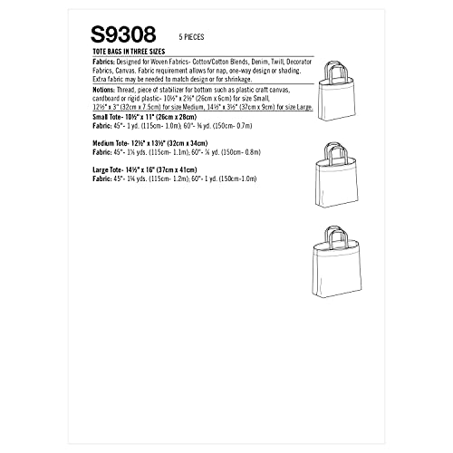 Simplicity Unlined Tote Bag Packet, Code 9308 Sewing Pattern, One Size, White