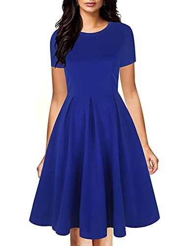 oxiuly Women's Vintage Half Sleeve O-Neck Contrast Casual Pockets Party Swing Dress OX253 (Royal Blue, L)