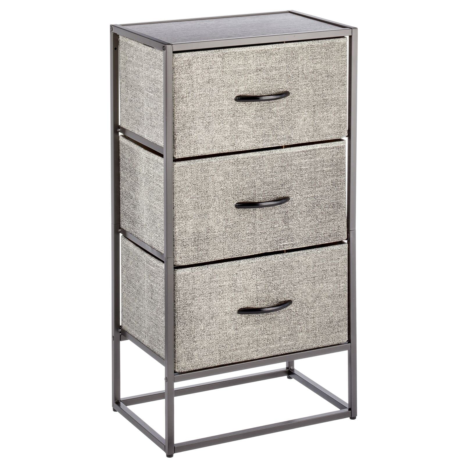 mDesign Modern 3-Drawer Dresser Storage Tower - Sturdy Steel Frame, Wood Top, Wood Handles/Fabric Bins - Organizer Unit for Bedroom, Hall, Entryway, Closets - Margot Collection - Black/Graphite Gray