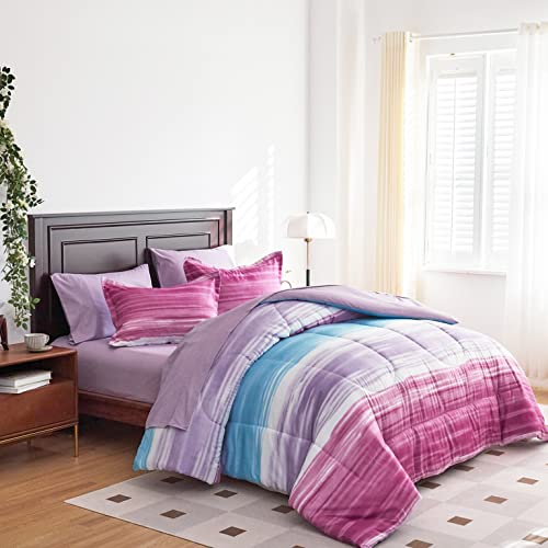 Flysheep 7 Pieces Bed in a Bag King Size, Gradient Purple Red Teal Ombre Boho Striped Comforter Sheet Set, Vibrant Clolorful Patchwork Rainbow Bohemian Bedding Set for All Season