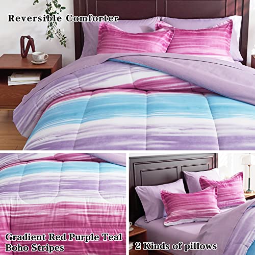 Flysheep 7 Pieces Bed in a Bag King Size, Gradient Purple Red Teal Ombre Boho Striped Comforter Sheet Set, Vibrant Clolorful Patchwork Rainbow Bohemian Bedding Set for All Season