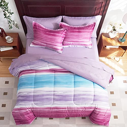 Flysheep 7 Pieces Bed in a Bag King Size, Gradient Purple Red Teal Ombre Boho Striped Comforter Sheet Set, Vibrant Clolorful Patchwork Rainbow Bohemian Bedding Set for All Season