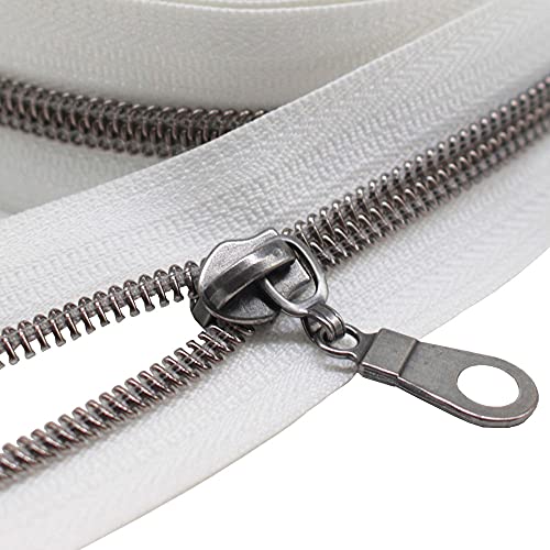 MebuZip #5 Gunmetal Metallic Nylon Coil Zippers by The Yard Bulk Coil Zipper Roll 10 Yards with 25pcs Pulls for DIY Sewing Craft Bags (White)