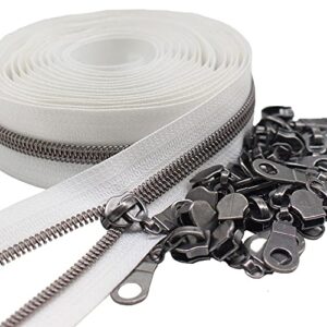 MebuZip #5 Gunmetal Metallic Nylon Coil Zippers by The Yard Bulk Coil Zipper Roll 10 Yards with 25pcs Pulls for DIY Sewing Craft Bags (White)