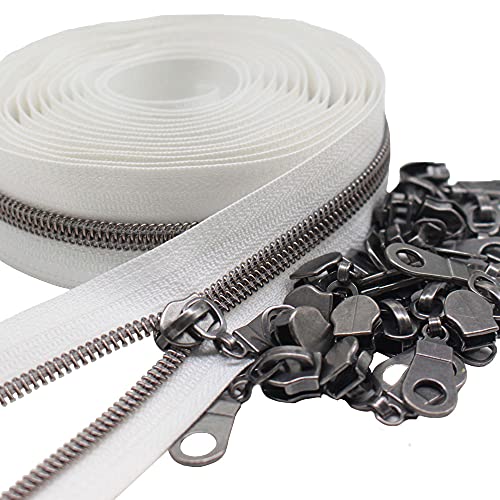 MebuZip #5 Gunmetal Metallic Nylon Coil Zippers by The Yard Bulk Coil Zipper Roll 10 Yards with 25pcs Pulls for DIY Sewing Craft Bags (White)