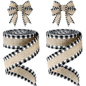 2 rolls christmas buffalo plaid wired edge ribbons christmas tree burlap fabric craft ribbon wrapping ribbon with checkered edge, 216 inch (black and white,1.5 inch width)