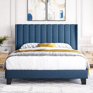 yaheetech upholstered platform bed with wing edge channel tufted headboard mattress foundation/heavy duty wooden slat support/no box spring needed, easy assembly, navy blue, queen size