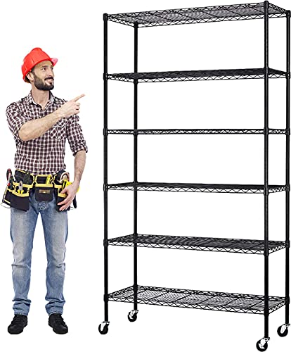 HHS Storage Shelf Metal Shelves Wheels Wire Shelving Unit 48 x 18 x 82(2100LBS) Sturdy Steel 6 Tier Layer Rack Casters for Restaurant Garage Pantry Kitchen Garage Rack Black (A776Black)