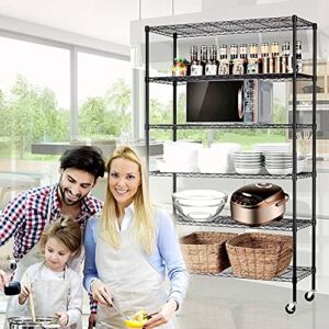 HHS Storage Shelf Metal Shelves Wheels Wire Shelving Unit 48 x 18 x 82(2100LBS) Sturdy Steel 6 Tier Layer Rack Casters for Restaurant Garage Pantry Kitchen Garage Rack Black (A776Black)