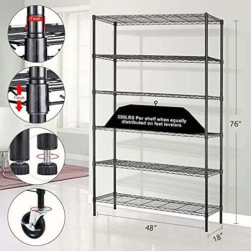 HHS Storage Shelf Metal Shelves Wheels Wire Shelving Unit 48 x 18 x 82(2100LBS) Sturdy Steel 6 Tier Layer Rack Casters for Restaurant Garage Pantry Kitchen Garage Rack Black (A776Black)