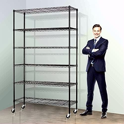 HHS Storage Shelf Metal Shelves Wheels Wire Shelving Unit 48 x 18 x 82(2100LBS) Sturdy Steel 6 Tier Layer Rack Casters for Restaurant Garage Pantry Kitchen Garage Rack Black (A776Black)