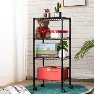 MATICO 4-Shelf Adjustable Steel Storage Shelf Unit with Wheels, Heavy Duty Metal Shelving Rack for Space Saving, Black