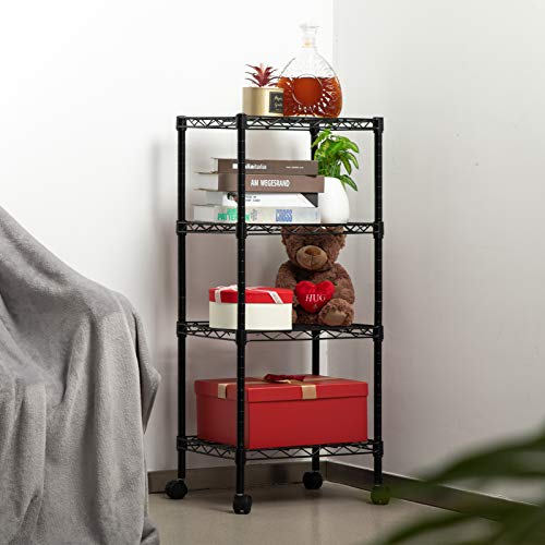 MATICO 4-Shelf Adjustable Steel Storage Shelf Unit with Wheels, Heavy Duty Metal Shelving Rack for Space Saving, Black