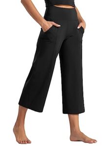 tmustobe womens lounge yoga capris pants bootleg tummy control high waist workout flare crop pants with pockets (black, large)