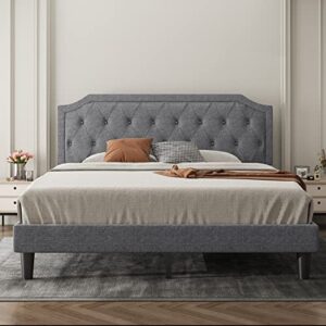 allewie upholstered king size platform bed frame with adjustable and curved corner design headboard, easy assembly, no box spring required, light grey