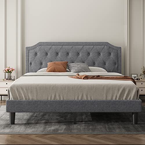 Allewie Upholstered King Size Platform Bed Frame with Adjustable and Curved Corner Design Headboard, Easy Assembly, No Box Spring Required, Light Grey