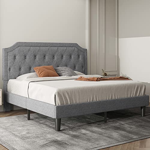 Allewie Upholstered King Size Platform Bed Frame with Adjustable and Curved Corner Design Headboard, Easy Assembly, No Box Spring Required, Light Grey