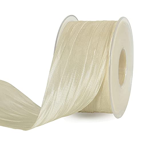 TONIFUL 2 Inch x 25 Yards Wide Beige White Crinkled Ribbon Silk-Like Wrinkled Ruffled Woven Solid Ribbons for Crafts Floral Bouquets Rustic Wedding Decorations Gift Wrapping Packaging Valentine's Day