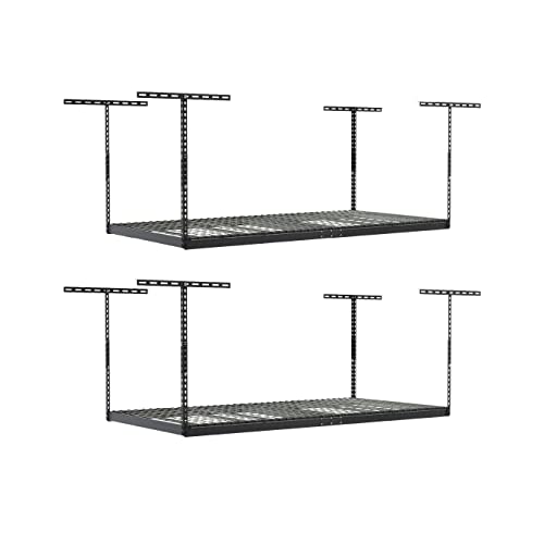 MonsterRax Overhead Garage Storage Rack- 4 x 8 Ceiling Rack for Garage Shelving, Organization, & Storage, Adjustable Hanging Storage for Bikes, Equipment & Accessories (Hammertone, 18"- 33", 2-Pack).