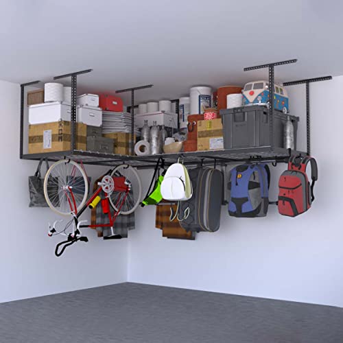 MonsterRax Overhead Garage Storage Rack- 4 x 8 Ceiling Rack for Garage Shelving, Organization, & Storage, Adjustable Hanging Storage for Bikes, Equipment & Accessories (Hammertone, 18"- 33", 2-Pack).