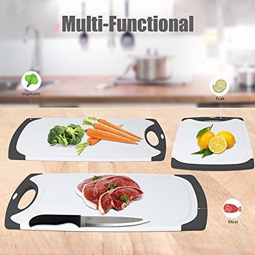 ZVP Extra Large Cutting Board for Kitchen Set of 4, Plastic Chopping Boards with Knife, Easy Grip Handle, Juice Groove, BPA Free, Dishwasher Safe, Non Slip, Non Porous, White Black