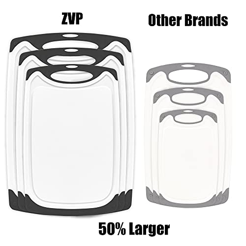 ZVP Extra Large Cutting Board for Kitchen Set of 4, Plastic Chopping Boards with Knife, Easy Grip Handle, Juice Groove, BPA Free, Dishwasher Safe, Non Slip, Non Porous, White Black