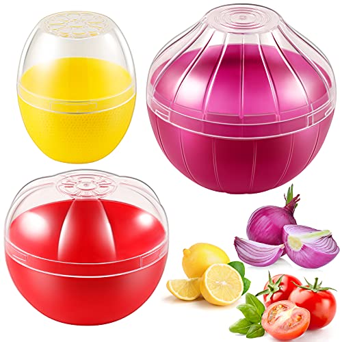 Vegetable and Fruit Storage Containers for Fridge, 3 Pieces BPA Free Reusable Food Saver - Tomato, Lemon, Onion Keeper Holder - Refrigerator Vegetable Crisper for Making Food Stays Fresh Longer