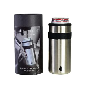 elemental insulated slim can cooler, triple wall stainless steel skinny can cooler - drink cooler insulator for 12oz skinny seltzers, beer, soda cans - brushed steel
