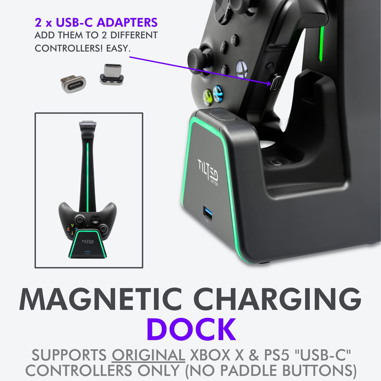 Tilted Nation 3 in 1 Gaming Headset and Controller Stand for PS5 and Xbox Series X Charging Station - Game Controller Holder and Headphone Stand for Desk with Playstation and Xbox Magnetic Charger