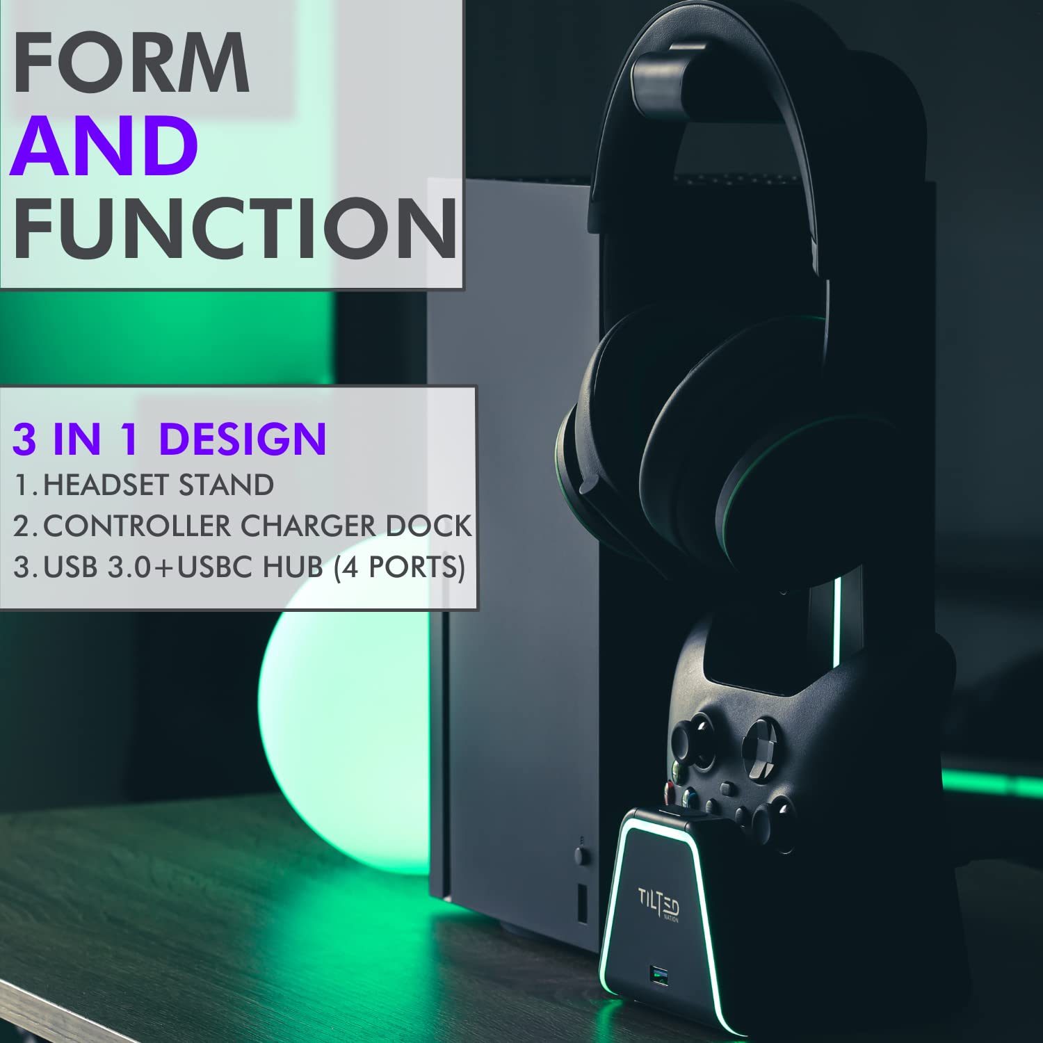 Tilted Nation 3 in 1 Gaming Headset and Controller Stand for PS5 and Xbox Series X Charging Station - Game Controller Holder and Headphone Stand for Desk with Playstation and Xbox Magnetic Charger