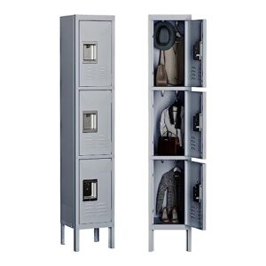 miiiko employee lockers, metal cabinet 3 doors, gym locker with hooks, 3 tier shelves storage locker organizer for school kids, home office bedroom