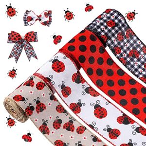 hautzado 4 rolls 2.5 inch x 24 yard ladybugs canvas ribbons lady bug wire edged wrapping ribbon red polka dot wired edge ribbon grosgrain red dot craft ribbon for crafting wrapping party decoration
