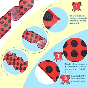 HAUTZADO 4 Rolls 2.5 Inch x 24 Yard Ladybugs Canvas Ribbons Lady Bug Wire Edged Wrapping Ribbon Red Polka Dot Wired Edge Ribbon Grosgrain Red Dot Craft Ribbon for Crafting Wrapping Party Decoration