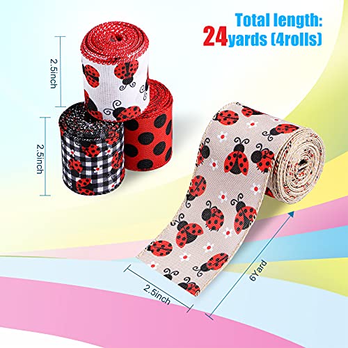 HAUTZADO 4 Rolls 2.5 Inch x 24 Yard Ladybugs Canvas Ribbons Lady Bug Wire Edged Wrapping Ribbon Red Polka Dot Wired Edge Ribbon Grosgrain Red Dot Craft Ribbon for Crafting Wrapping Party Decoration