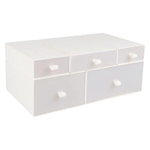 eympeu stackable drawers 5 set white for home office and desktop storage, frosted plastic makeup storage and bathroom organizers, mixed sizes combination