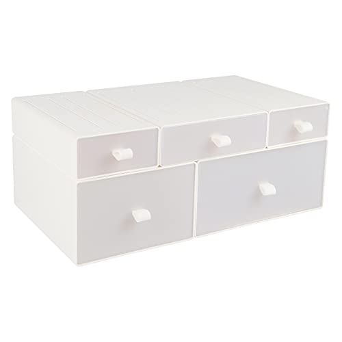 EYMPEU Stackable Drawers 5 Set White for Home Office and Desktop Storage, Frosted Plastic Makeup Storage and Bathroom Organizers, Mixed Sizes Combination