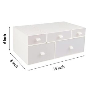 EYMPEU Stackable Drawers 5 Set White for Home Office and Desktop Storage, Frosted Plastic Makeup Storage and Bathroom Organizers, Mixed Sizes Combination