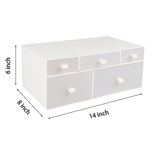 EYMPEU Stackable Drawers 5 Set White for Home Office and Desktop Storage, Frosted Plastic Makeup Storage and Bathroom Organizers, Mixed Sizes Combination